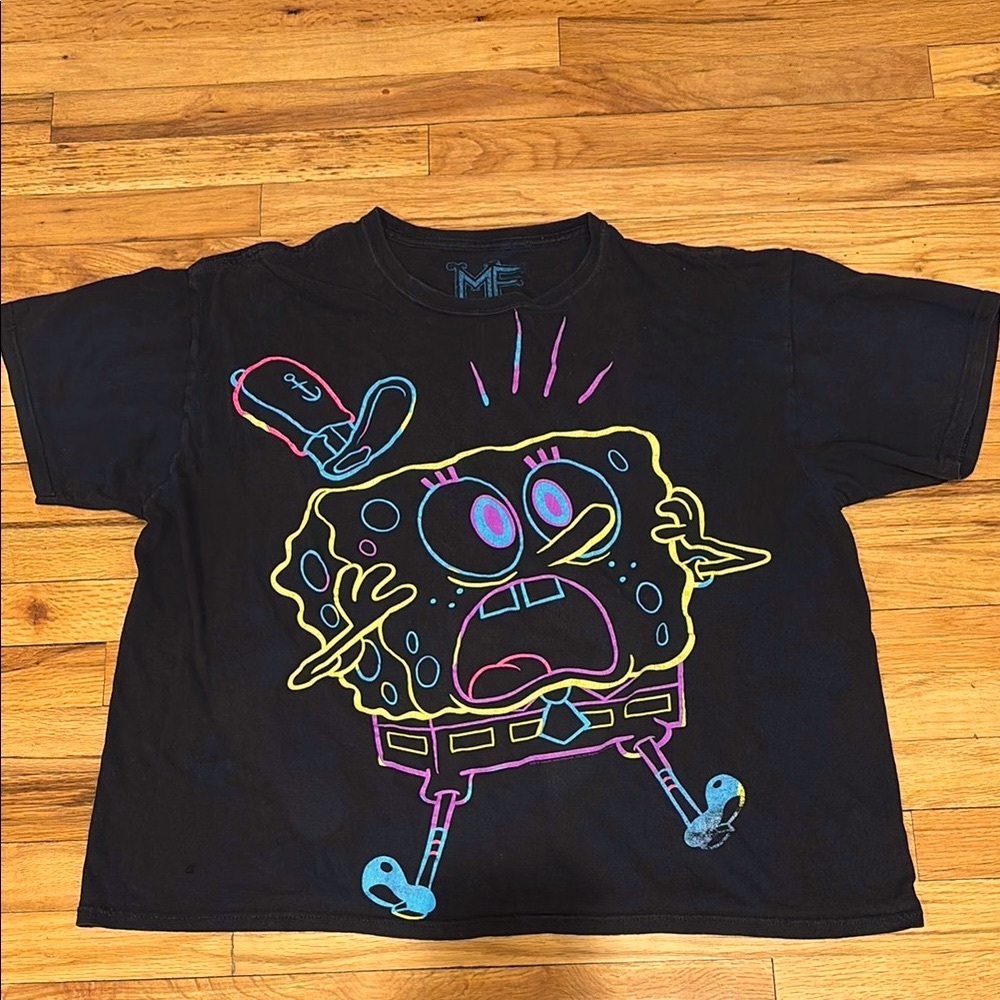 Vintage Sponge Bob Vibrant Neon Graphic Black, Yellow, Blue, & Pink T-Shirt XL